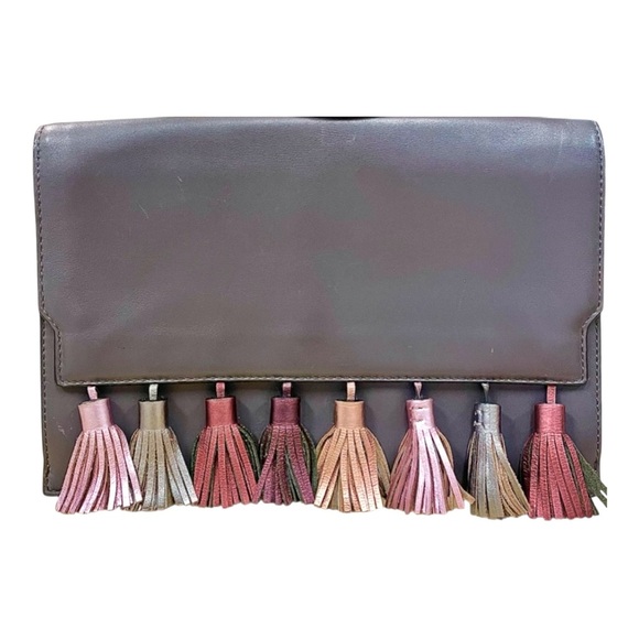 Rebecca Minkoff Elegant Sophia Gray Leather Envelope Tassel Clutch - Picture 5 of 5